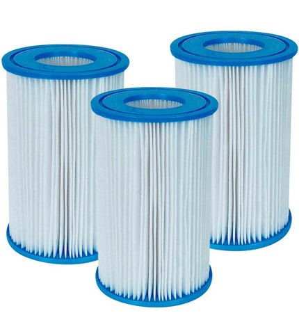 Set of three Intex replacement cartridges for pools, jacuzzis, and garden water filters, shown in a white packaging with blue accents.