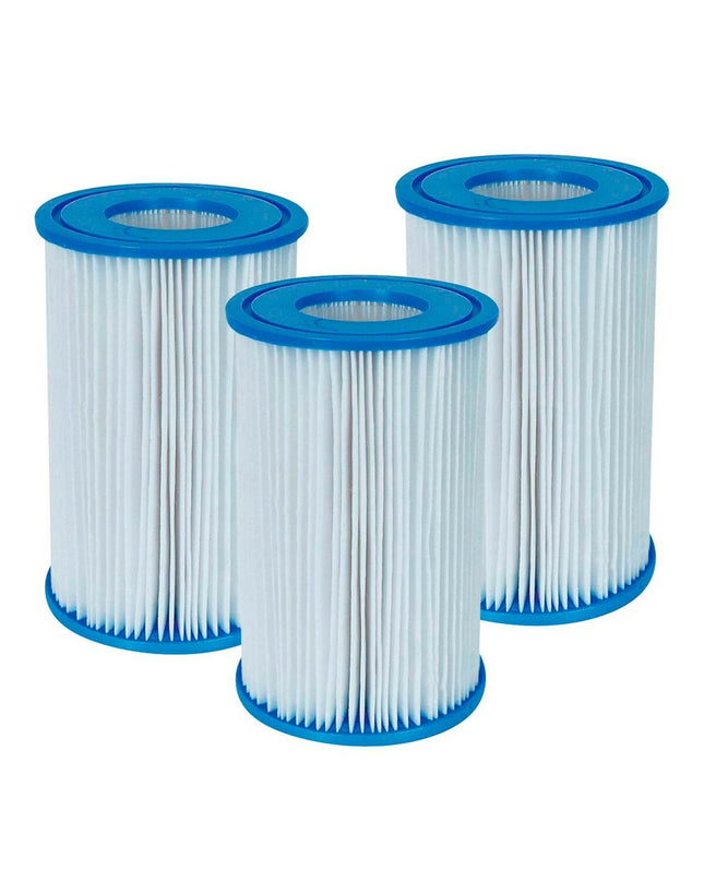 Set of three Intex replacement cartridges for pools, jacuzzis, and garden water filters, shown in a white packaging with blue accents.