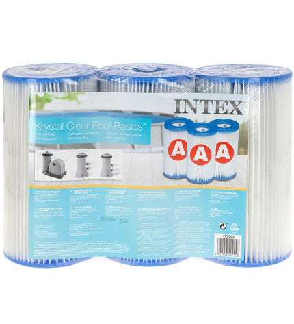 Set of three Intex Type A replacement cartridges for pool and jacuzzi filters, suitable for garden and swimming pool equipment.