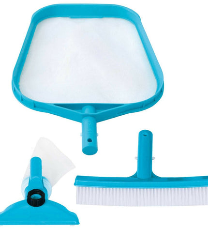 Intex Basic pool maintenance kit with six tools, including brushes and test strips, for swimming pools and Jacuzzi care.