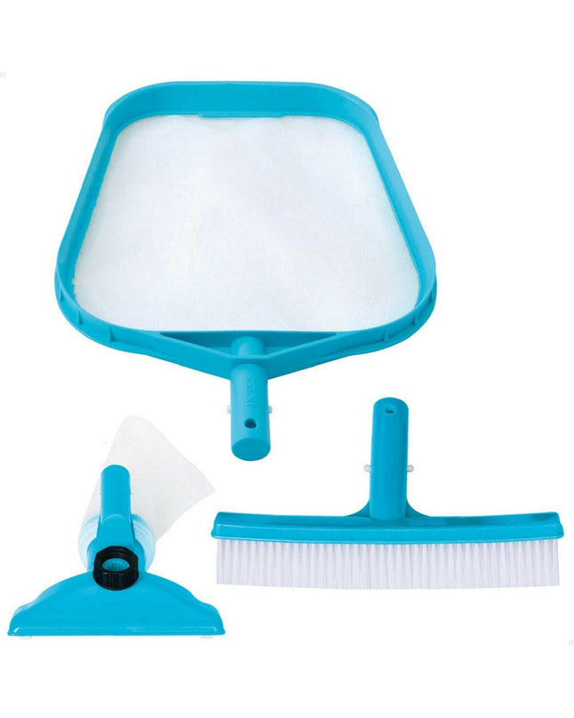 Intex Basic pool maintenance kit with six tools, including brushes and test strips, for swimming pools and Jacuzzi care.