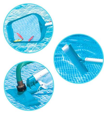 Set of six Intex basic pool maintenance tools including brushes and skimmers for garden pools and jacuzzi cleaning.