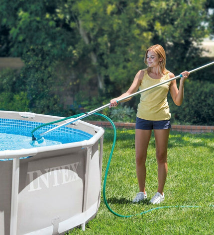 Set of six Intex Basic pool maintenance tools with brushes and scoops for garden and pool cleaning.