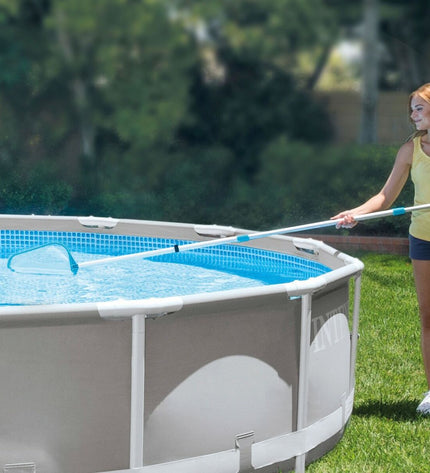 Set of six Intex swimming pool maintenance tools including brushes, skimmers, and test kits for pool cleaning and care.