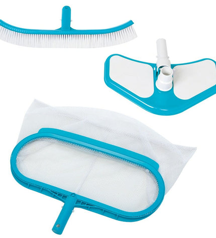 Intex Deluxe pool maintenance kit with six tools, including brushes and scoops, for cleaning and caring for garden pools and jacuzzis.