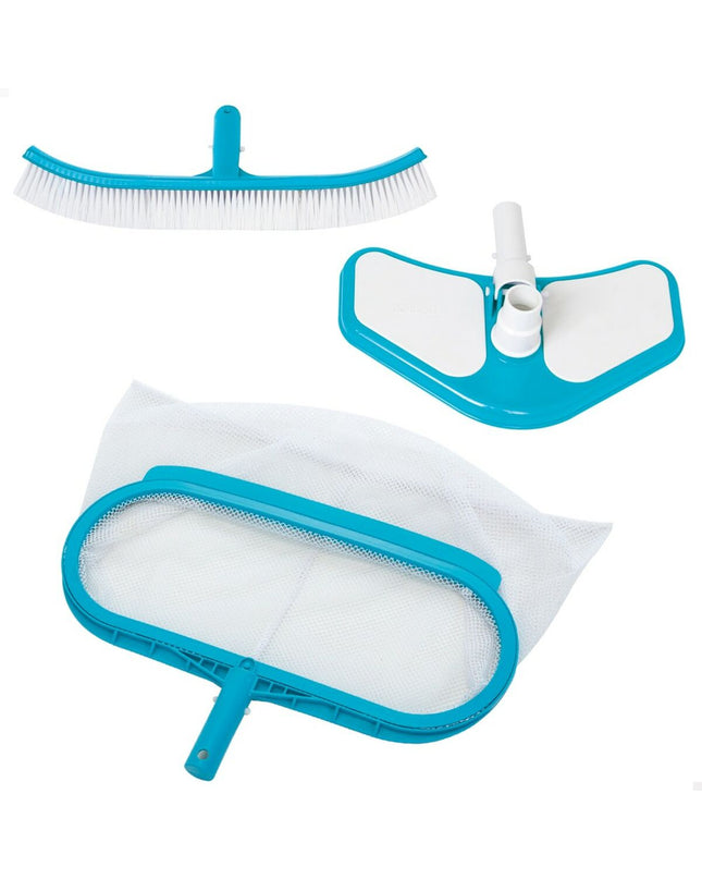 Intex Deluxe pool maintenance kit with six tools, including brushes and scoops, for cleaning and caring for garden pools and jacuzzis.