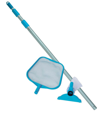 Set of four Intex pool maintenance tools in a garden, including brushes, skimmers, and cleaning accessories for swimming pools.