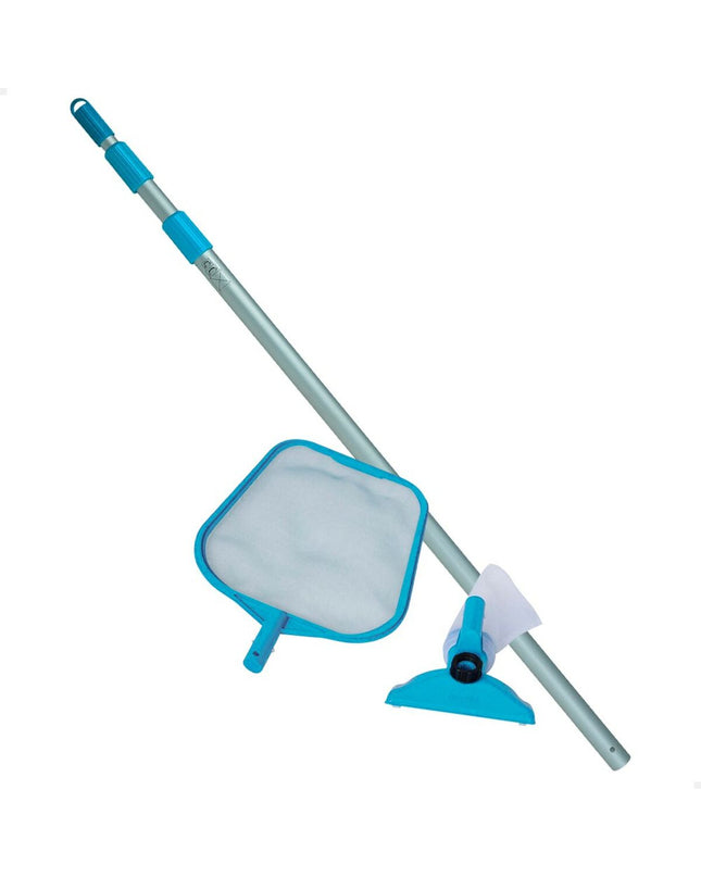 Set of four Intex pool maintenance tools in a garden, including brushes, skimmers, and cleaning accessories for swimming pools.