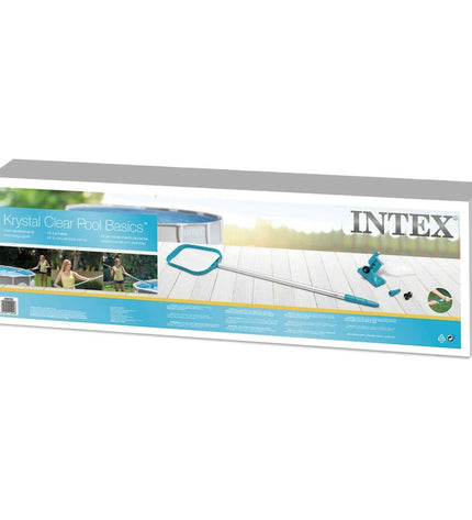 Set of four Intex pool maintenance tools in green, including skimmer nets and brushes, for cleaning swimming pools.