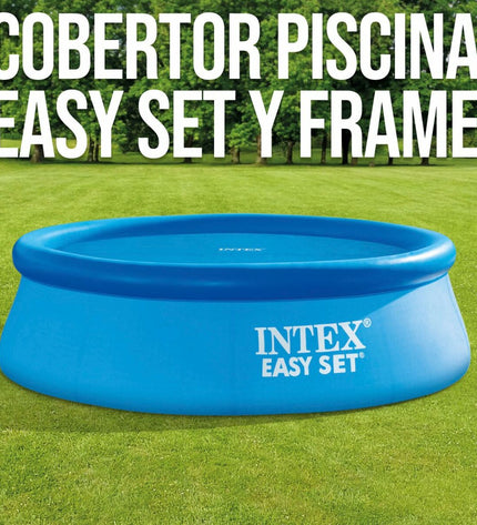 Blue Intex 29021 Easy Set pool cover for 305 cm diameter Intex pools, suitable for metal frame and above-ground pools.