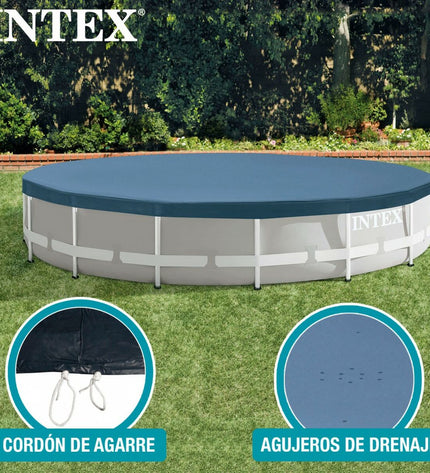 Intex 28030 metal frame pool cover over rectangular outdoor pool, 305 x 25 x 305 cm, with a protective cover in a garden setting.