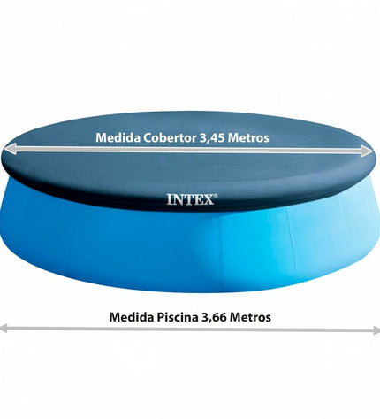 Intex Easy Set pool cover fitting a 366 x 20 cm Intex inflatable pool, outdoor garden scene with pool and surrounding area