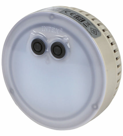 Set of 8 Intex multicolour swimming pool lights, 12x12x6.5 cm, designed for pools, jacuzzis, and garden water features.