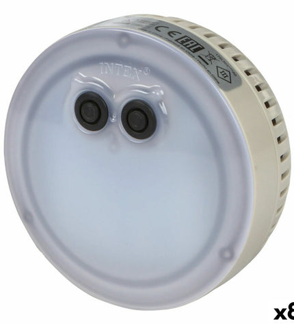 Set of 8 Intex multicolour pool lights, 12x12x6.5 cm, for outdoor pools, jacuzzis, and garden water features.