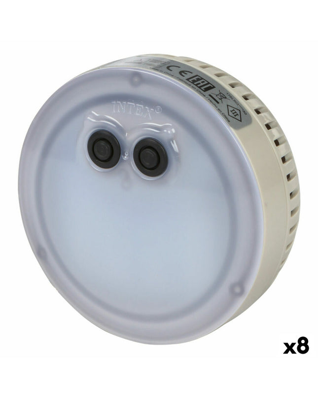 Set of 8 Intex multicolour pool lights, 12x12x6.5 cm, for outdoor pools, jacuzzis, and garden water features.
