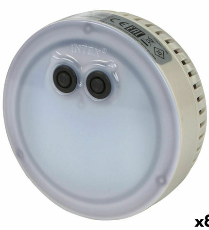 Set of 8 Intex multicolour pool lights, 12x12x6.5 cm, designed for garden pools, jacuzzis, and outdoor water features.