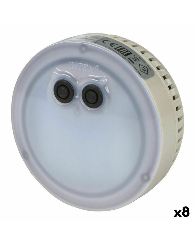Set of 8 Intex multicolour pool lights, 12x12x6.5 cm, designed for garden pools, jacuzzis, and outdoor water features.