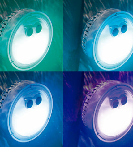 Set of 8 Intex multicolour pool lights, 12x12x6.5 cm, designed for gardens, pools, and jacuzzis, with vibrant color illumination.