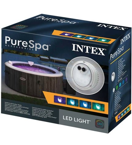 Set of 8 Intex multicolour swimming pool lights, 12x12x6.5 cm, designed for garden pools, jacuzzis, and pool accessories.