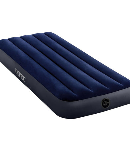 Six Intex Classic Downy air mattresses for camping and outdoor use, measuring 76x25x191 cm, displayed stacked in a storage setting.