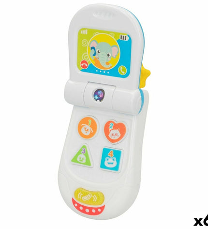 Six Winfun baby toy phones, colorful plastic play phones for young children, measuring 7 x 13.5 x 4.1 cm each.