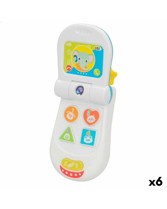 Six Winfun baby toy phones, colorful plastic play phones for young children, measuring 7 x 13.5 x 4.1 cm each.