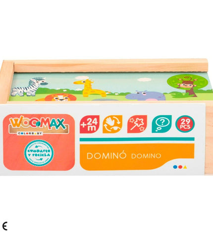 Set of 12 Woomax Domino Woomax dieren toys for children, featuring colorful animal-shaped domino pieces for fun gameplay.