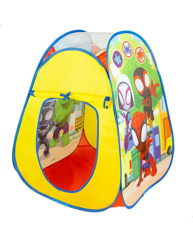Set of 12 Spidey Kampeertent Spidey Pop Up tents, colorful play tents for kids, measuring 75 x 90 x 75 cm each.