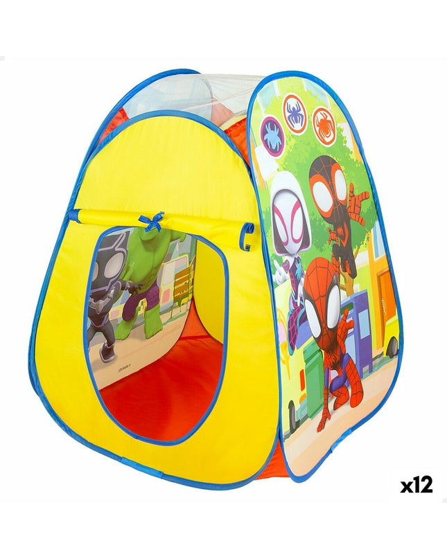 Spidey Kampeertent Spidey Pop Up with 12 colorful tents, measuring 75 x 90 x 75 cm, for kids' play and camping fun.