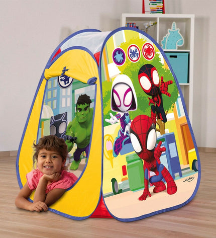 Set of 12 Spidey Kampeertent Spidey Pop Up tents in red and blue, measuring 75 x 90 x 75 cm, for kids' play and camping.