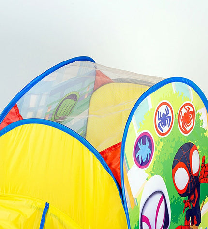 Set of 12 Spidey Kampeertent Spidey Pop Up tents in blue and red, compact size, for kids' play and camping adventures.