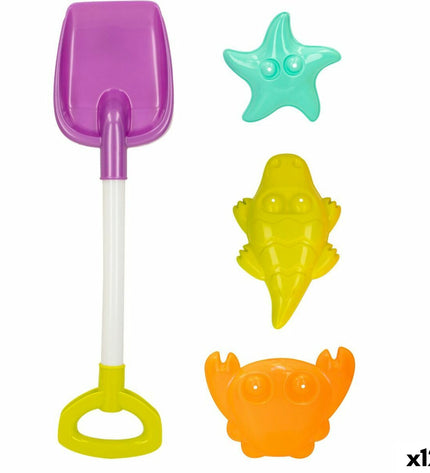 Colorbaby strandspeelgoedset with four polypropylene pieces, part of outdoor and sports toys, shown in colorful icons.