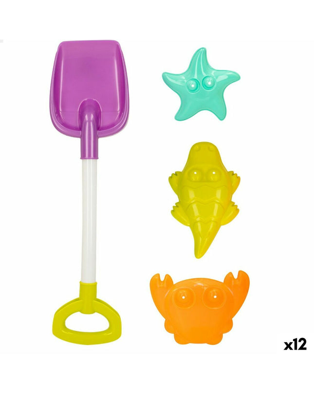 Colorbaby strandspeelgoedset with four polypropylene pieces, part of outdoor and sports toys, shown in colorful icons.