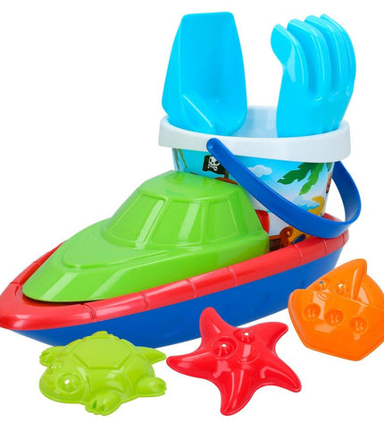 Colorbaby strandspeelgoedset with 8 polypropyleen components resembling a boat, designed for outdoor play and building activities.