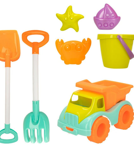 Colorbaby Strandspeelgoedset with 7 truck-themed pieces, 18 parts, for creative play and outdoor fun.