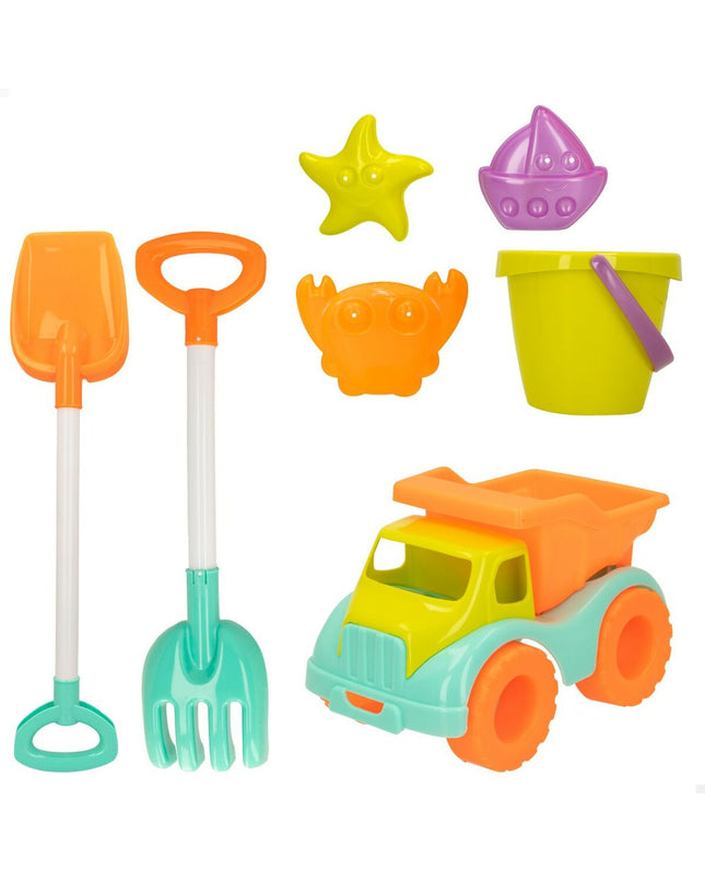 Colorbaby Strandspeelgoedset with 7 truck-themed pieces, 18 parts, for creative play and outdoor fun.