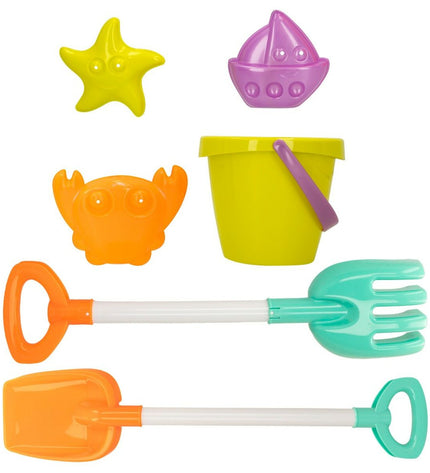 Colorbaby Strandspeelgoedset with 7 truck-themed pieces, part of 18-piece toy and outdoor game set, suitable for children.