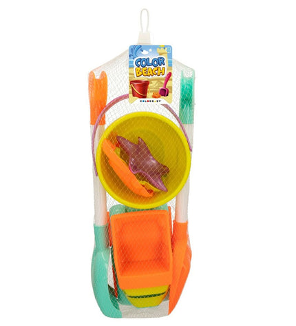 Colorbaby Strandspeelgoedset with 7 truck-themed pieces, part of 18-piece toy and outdoor game set, designed for kids' play.