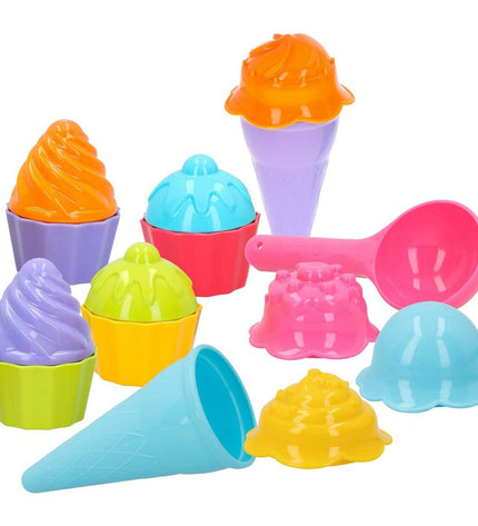 Colorbaby strand toy set with 15 pieces, including molds for ice cream and cupcakes, shown with colorful play accessories.