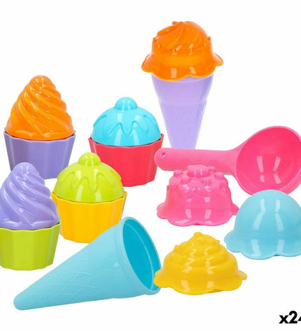 Colorbaby strandspeelgoedset with 15 mold pieces for ice cream and cupcake play, includes 24 pieces for imaginative fun.