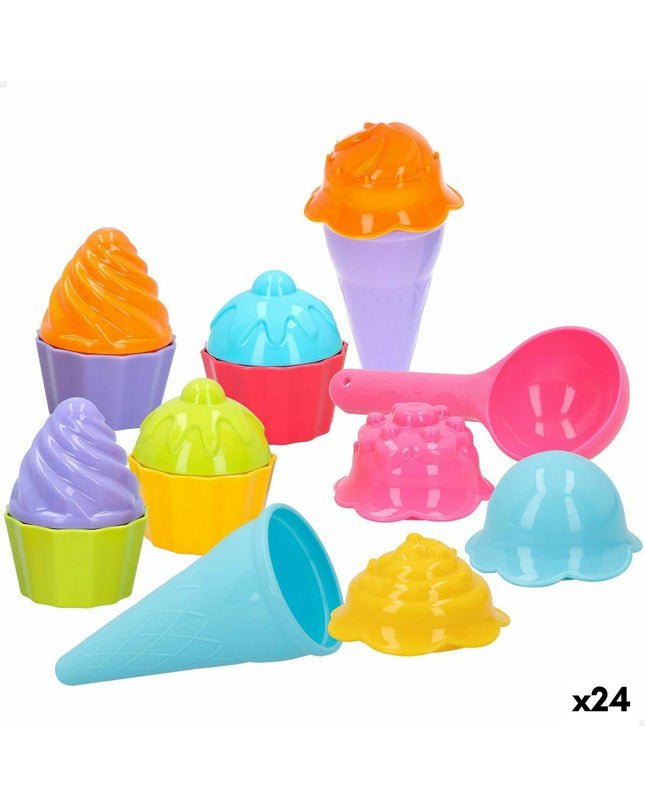 Colorbaby strandspeelgoedset with 15 mold pieces for ice cream and cupcake play, includes 24 pieces for imaginative fun.