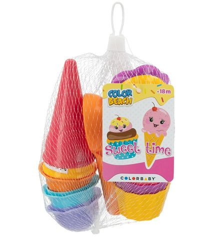 Colorbaby strand speelgoedset with 15 colorful mold and ice cupcake pieces for creative play, shown in the image.