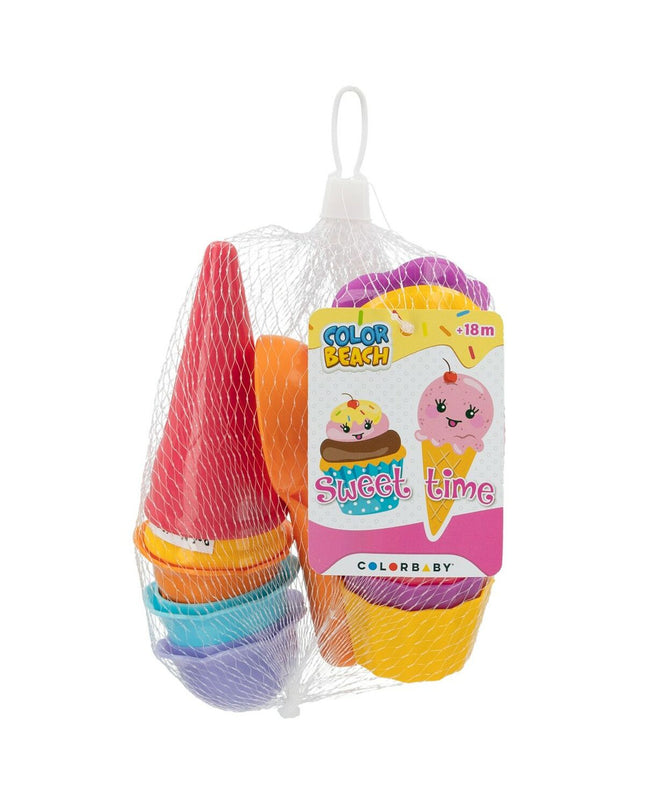 Colorbaby strand speelgoedset with 15 colorful mold and ice cupcake pieces for creative play, shown in the image.