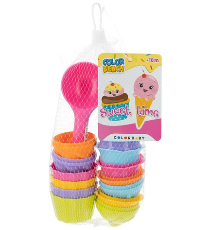 Colorbaby strandspeelgoedset with 15 mold pieces for ice cream and cupcake play, featuring colorful plastic tools and accessories.