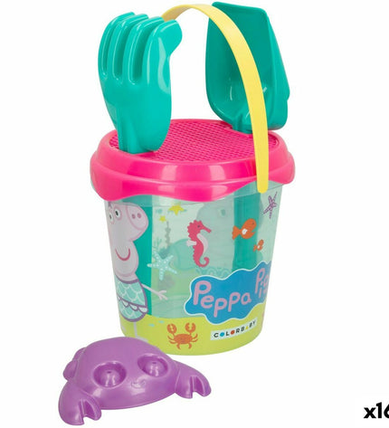 Peppa Pig strandspeelgoedset with 16 colorful pieces, featuring Peppa Pig characters, perfect for outdoor play and imaginative fun.