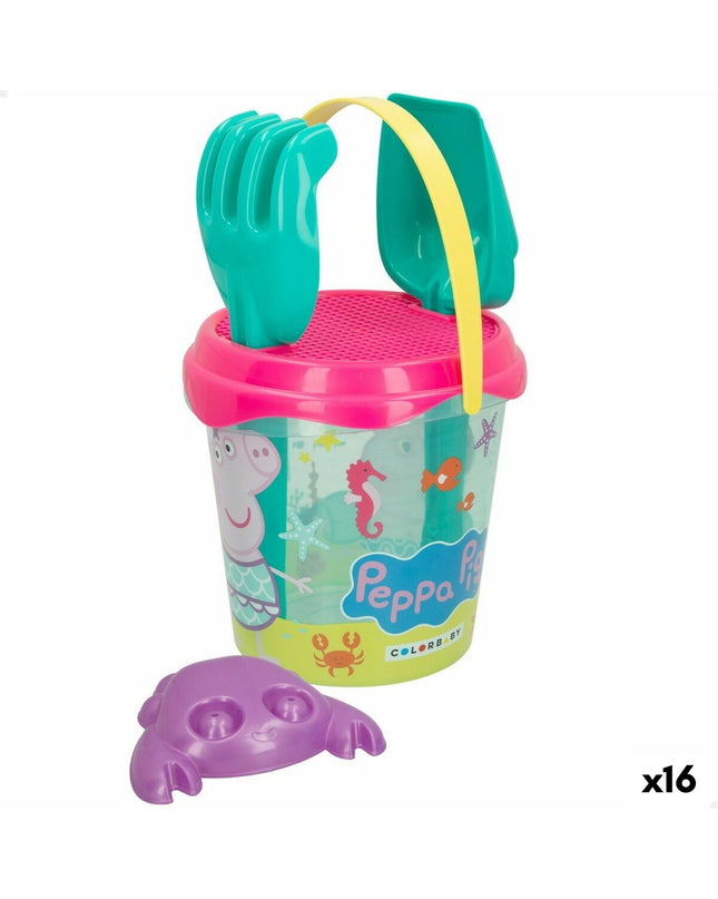 Peppa Pig strandspeelgoedset with 16 colorful pieces, featuring Peppa Pig characters, perfect for outdoor play and imaginative fun.