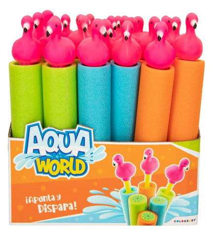 Colorbaby Pink Flamingo Waterwerper toy, 80 ml, displayed with 24 pieces in a colorful outdoor setting.