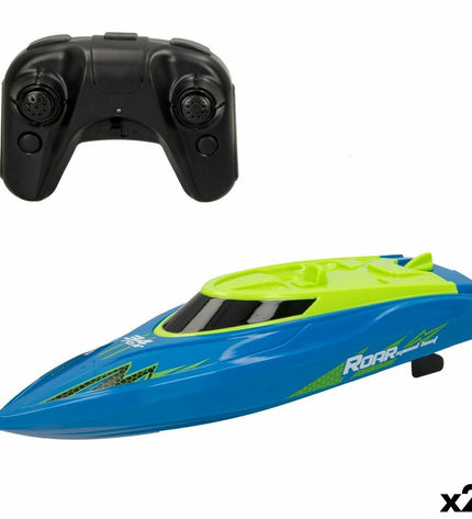 Two Colorbaby radio-controlled boats in blue and red, designed for children, with remote controls visible in a colorful toy vehicle setting.