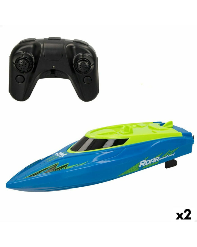 Two Colorbaby radio-controlled boats in blue and red, designed for children, with remote controls visible in a colorful toy vehicle setting.
