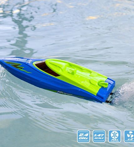 Two Colorbaby remote-controlled toy boats on water, colorful plastic vessels from the toy vehicles category.